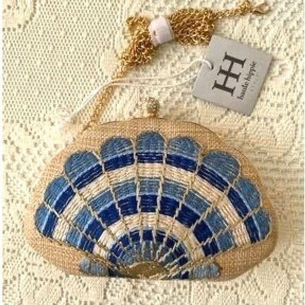 Haute Hippie Woven Clamshell Purse Clutch Women OS Blue Rhinestone Boho Coastal